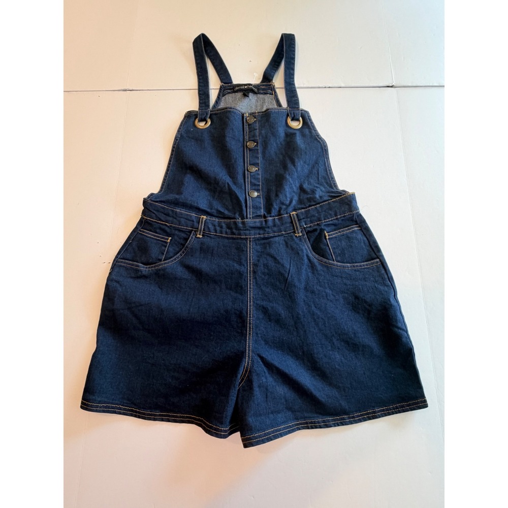 Derek Heart Womens Denim Overall Shorts Dark Wash Button Front Shortalls Large